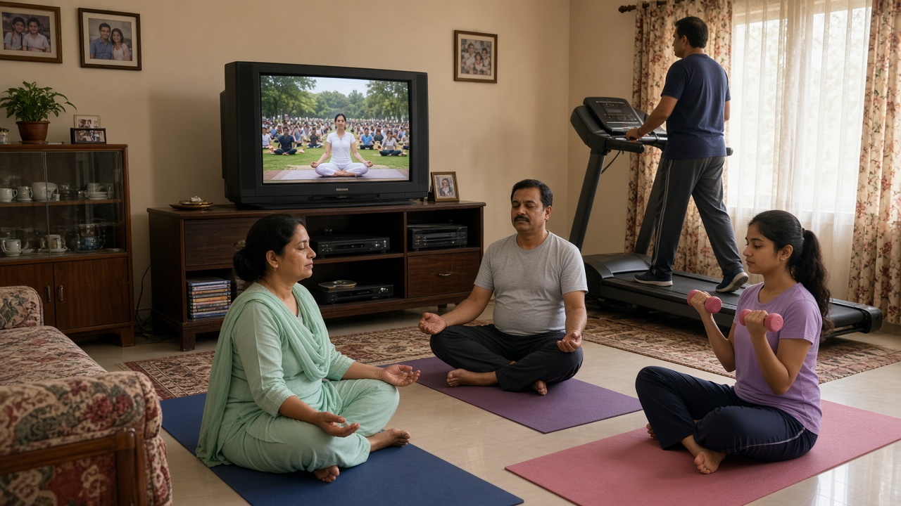 2000s living room where a mother and father sit cross-legged on yoga mats doing breathing exercises in front of a bulky television showing a large outdoor yoga camp, a daughter lifts pink dumbbells on a mat, and a man walks on a home treadmill by the window, with a DVD player and exercise discs on the TV cabinet