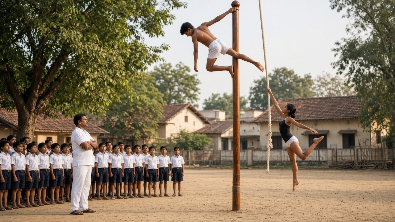 Outdoor mallakhamb display where a young athlete in white shorts holds an acrobatic pose on a tall polished wooden pole and a girl performs a pose on a hanging rope, while a coach and rows of schoolchildren in uniforms watch on a sandy ground in front of a village school