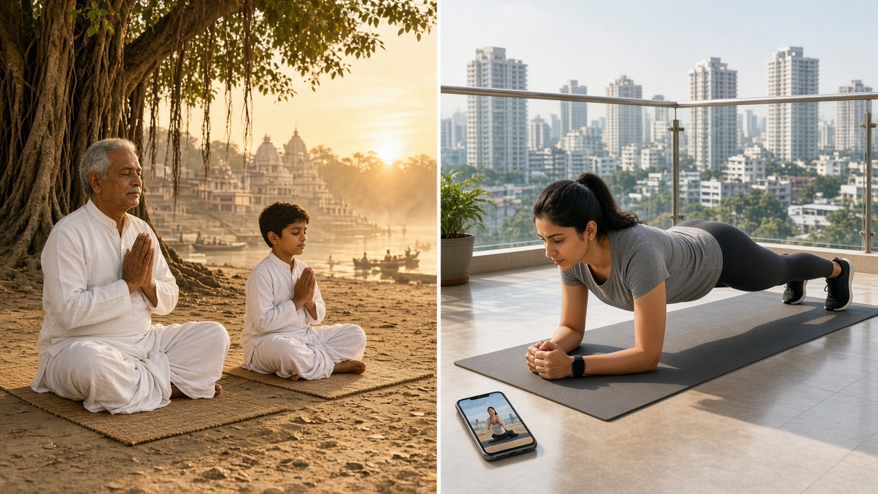 Split image with an elderly man and a boy in white clothes meditating with folded hands on mats under a banyan tree by a river at sunrise on the left, and a young woman holding a plank on a yoga mat on a high-rise balcony wearing a smartwatch with a phone showing a workout video on the right