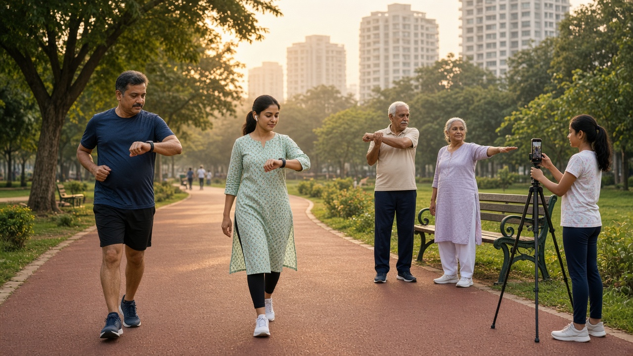 City park walking track at sunrise where a middle-aged man jogs while checking his smartwatch, a young woman in a kurta and sneakers walks briskly wearing earbuds and a fitness band, an elderly couple stretches by a bench, and a teenage girl records a workout on a phone on a tripod, with apartment towers behind