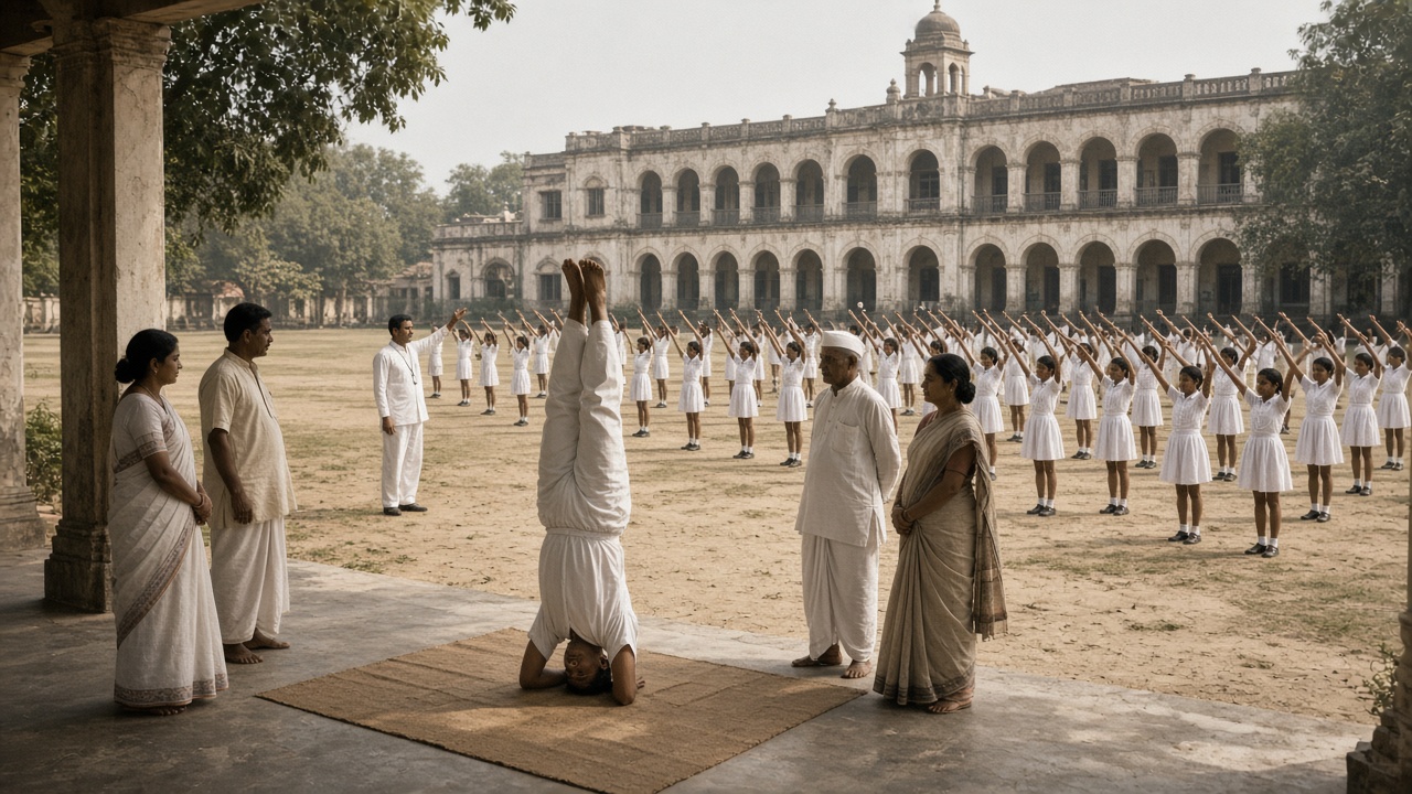 1950s–1960s school ground where rows of children in white uniforms raise their arms in a PT drill led by a teacher, while on a verandah in front a yoga teacher in white performs a headstand on a mat as adults in white clothes and saris watch, with a large colonial school building behind
