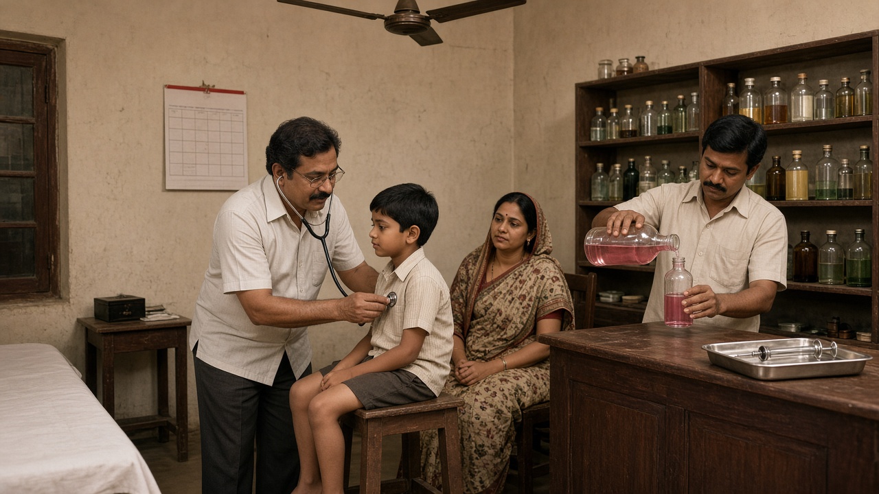 1970s neighbourhood clinic where a doctor with spectacles listens to a boy’s chest with a stethoscope as his mother watches, while a compounder at a wooden counter pours pink liquid medicine from a large glass bottle into a small one, with shelves of glass bottles, a steel tray with a glass syringe, and a ceiling fan