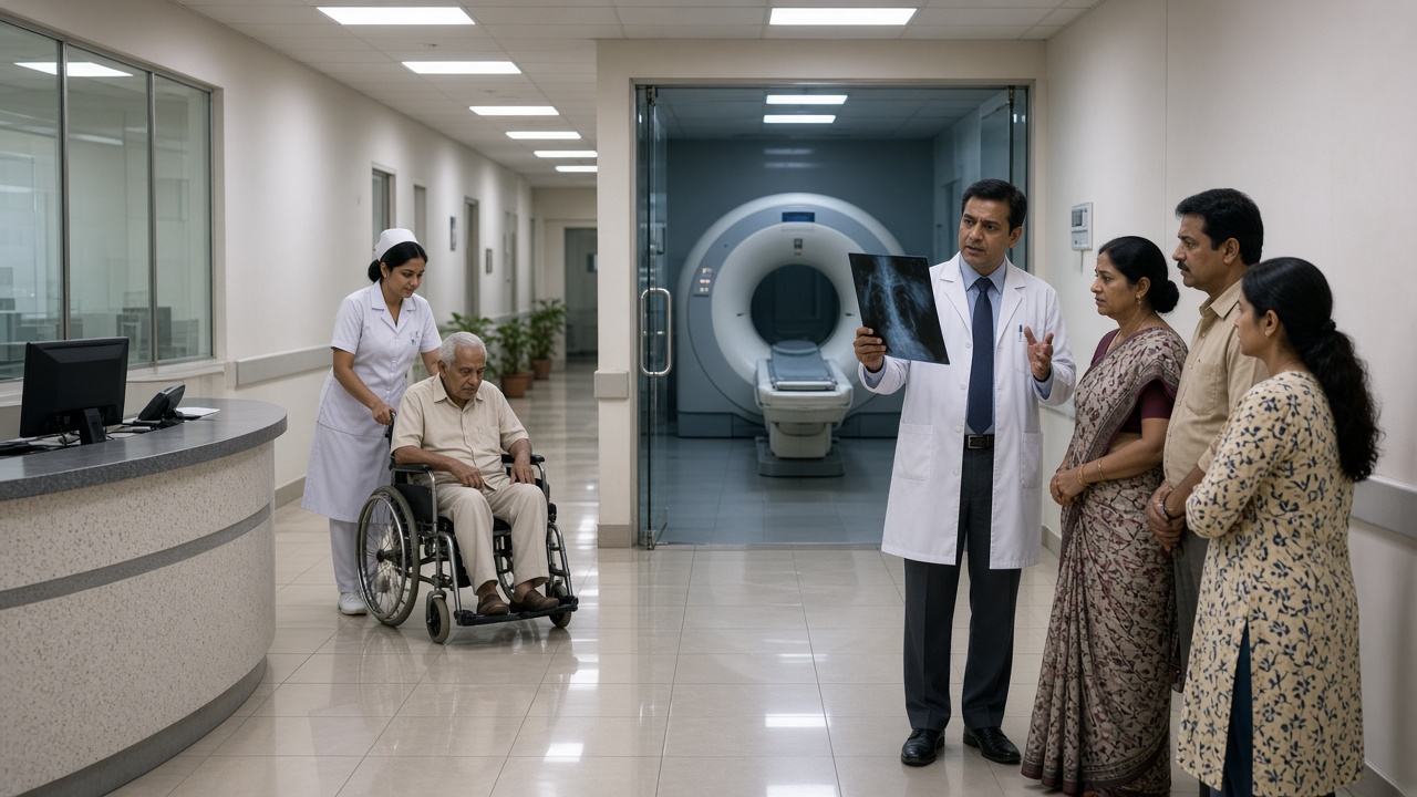 Private hospital corridor where a nurse in a white uniform and cap pushes an elderly man in a wheelchair past a reception desk, while a doctor in a white coat holds up a chest X-ray and explains it to a worried family, with a CT scanner visible through a glass door