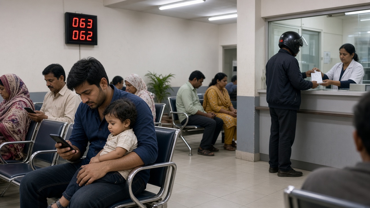 Clinic waiting area where a young father holding a toddler checks an appointment on his smartphone below a digital token number display, other patients wait on steel chairs, and a delivery rider in a helmet collects a paper medicine bag from a pharmacist at the counter