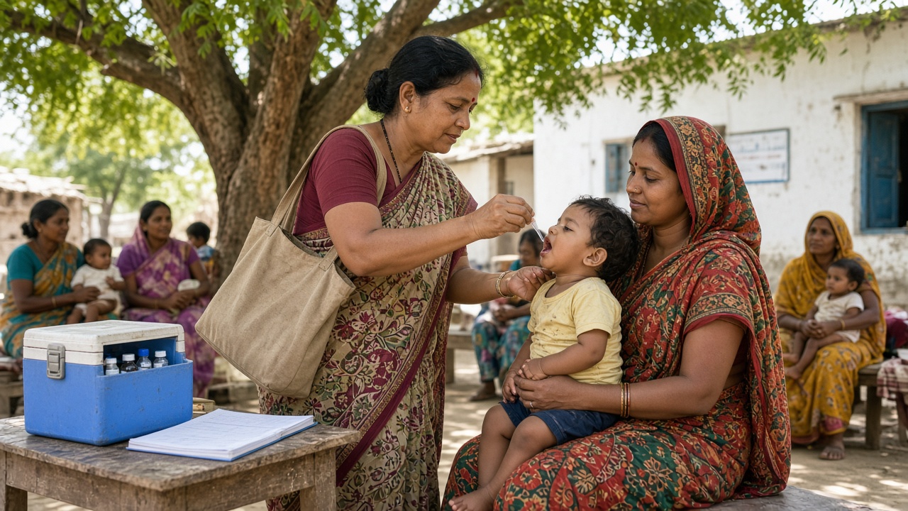 Village immunisation day where a woman community health worker in a sari with a shoulder bag gives oral vaccine drops to a toddler held by his mother, beside a table with a blue cool box of vials and a register, as other mothers with babies wait under a tree outside a small health centre