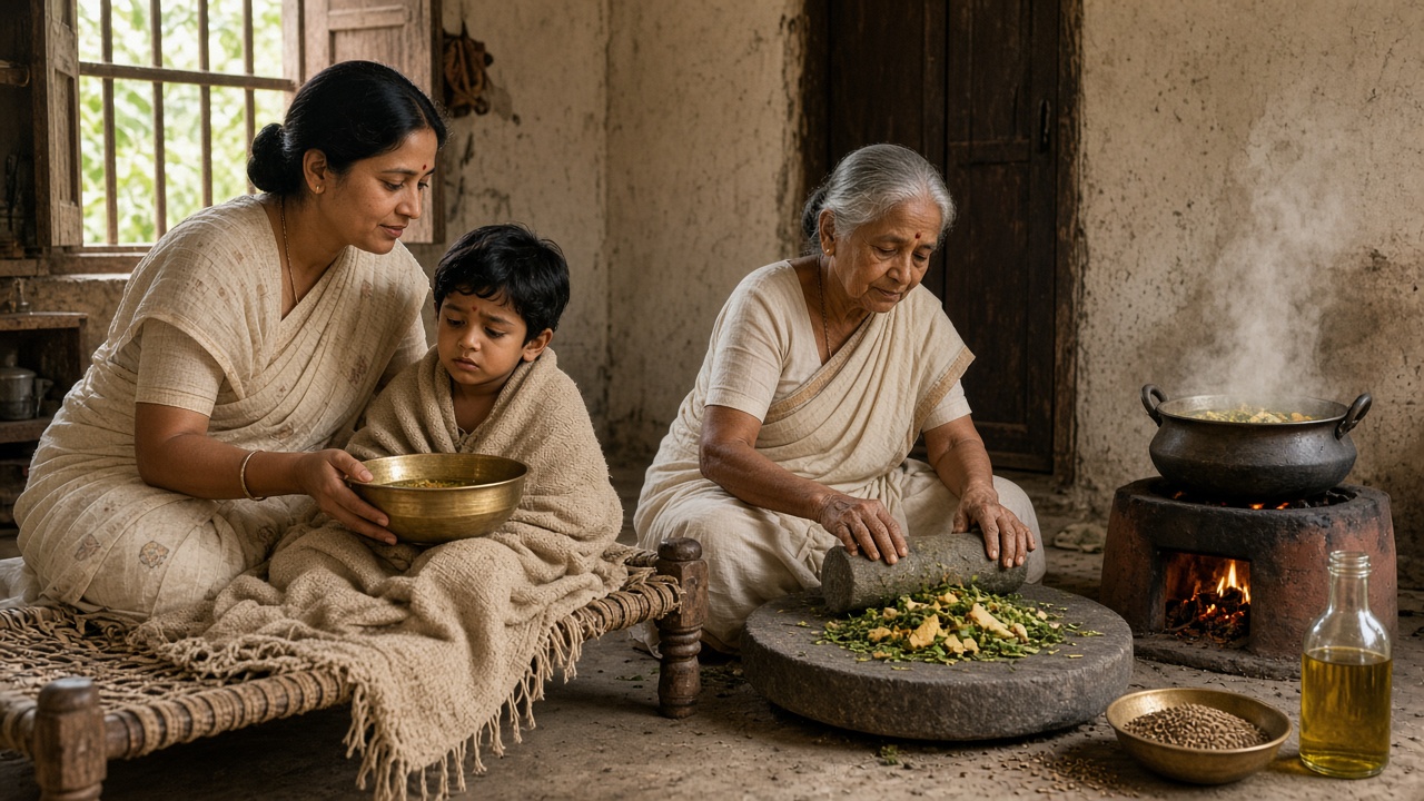 1950s home where a mother in a cotton sari holds a brass bowl of herbal decoction for a small boy wrapped in a blanket on a rope cot, while a grandmother grinds ginger, turmeric, and tulsi on a grinding stone beside a clay stove boiling a pot of kadha, with a bottle of oil and a bowl of ajwain seeds