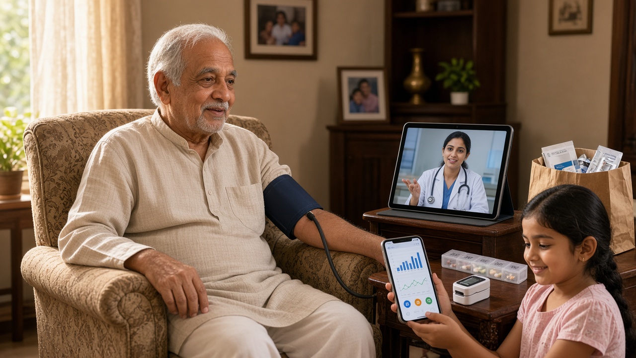 Elderly man in a kurta in an armchair wearing a blood pressure cuff while talking to a woman doctor on a tablet video call, as his granddaughter holds a smartphone showing health charts, with a pill organiser, a pulse oximeter, and a bag of delivered medicines on the side table
