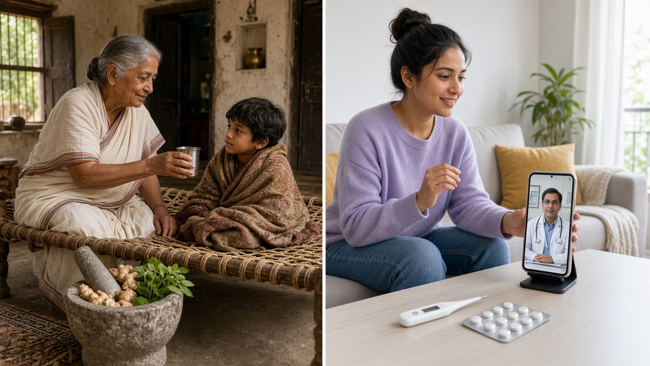 Split image with a grandmother in a cotton sari giving a glass of turmeric milk to a boy wrapped in a shawl on a rope cot beside a stone mortar with ginger and tulsi on the left, and a young woman on a sofa talking to a doctor on a smartphone video call with a digital thermometer and tablets on the table on the right
