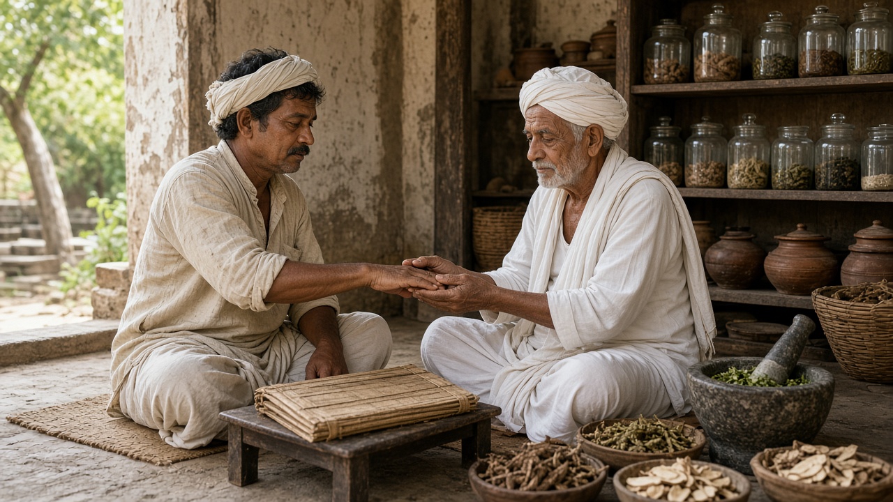 Elderly vaid in a white turban and dhoti sitting cross-legged and feeling the pulse of a village farmer, surrounded by shelves of glass jars and clay pots of herbs, baskets of dried roots, a stone mortar with leaves, and a bundle of palm-leaf manuscripts on a low desk
