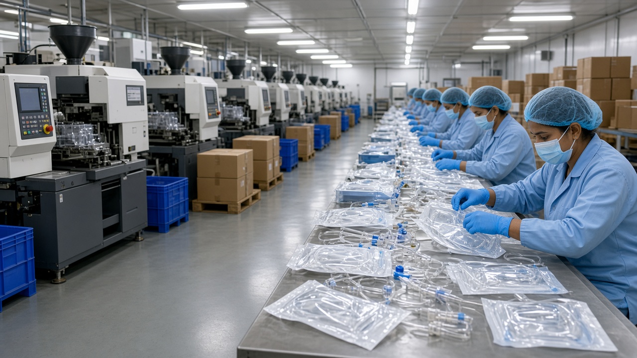 Indian medical device factory with a long row of injection moulding machines on the left and workers in light blue uniforms, hairnets, masks, and gloves packing infusion sets and tubing into clear sterile pouches along a steel table, with cartons stacked on pallets