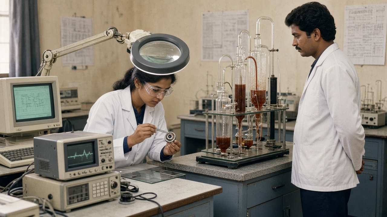 Late 1980s biomedical laboratory where a young Indian woman engineer in a white coat and safety glasses examines a small metal heart valve with tweezers under a magnifying lamp beside an oscilloscope and a beige computer, while a male engineer in a white coat watches a glass flow-test rig with tubes of red fluid