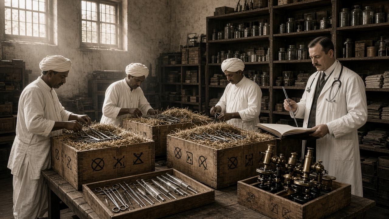 Sepia early 1900s hospital store room where Indian clerks in white turbans and kurtas unpack wooden crates filled with straw and imported steel surgical instruments such as forceps and scissors, a crate of brass microscopes sits on the table, and a European doctor in a white coat with a stethoscope checks an instrument against a ledger beside shelves of jars