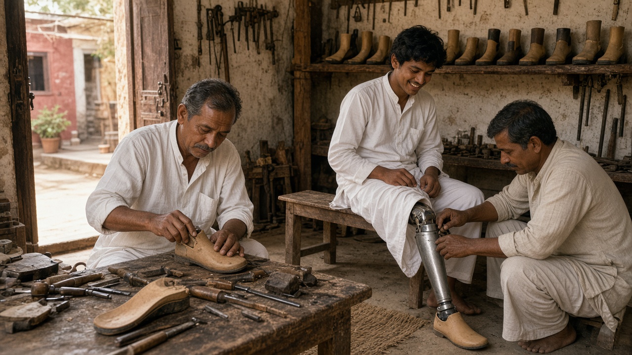 Warm 1970s workshop where an Indian craftsman in a white kurta shapes a light-coloured artificial foot on a wooden workbench covered with hand tools, while another craftsman fits a metal artificial leg with a foot to a smiling young man seated on a wooden bench, with a row of artificial feet on a shelf and a sunny courtyard through the doorway