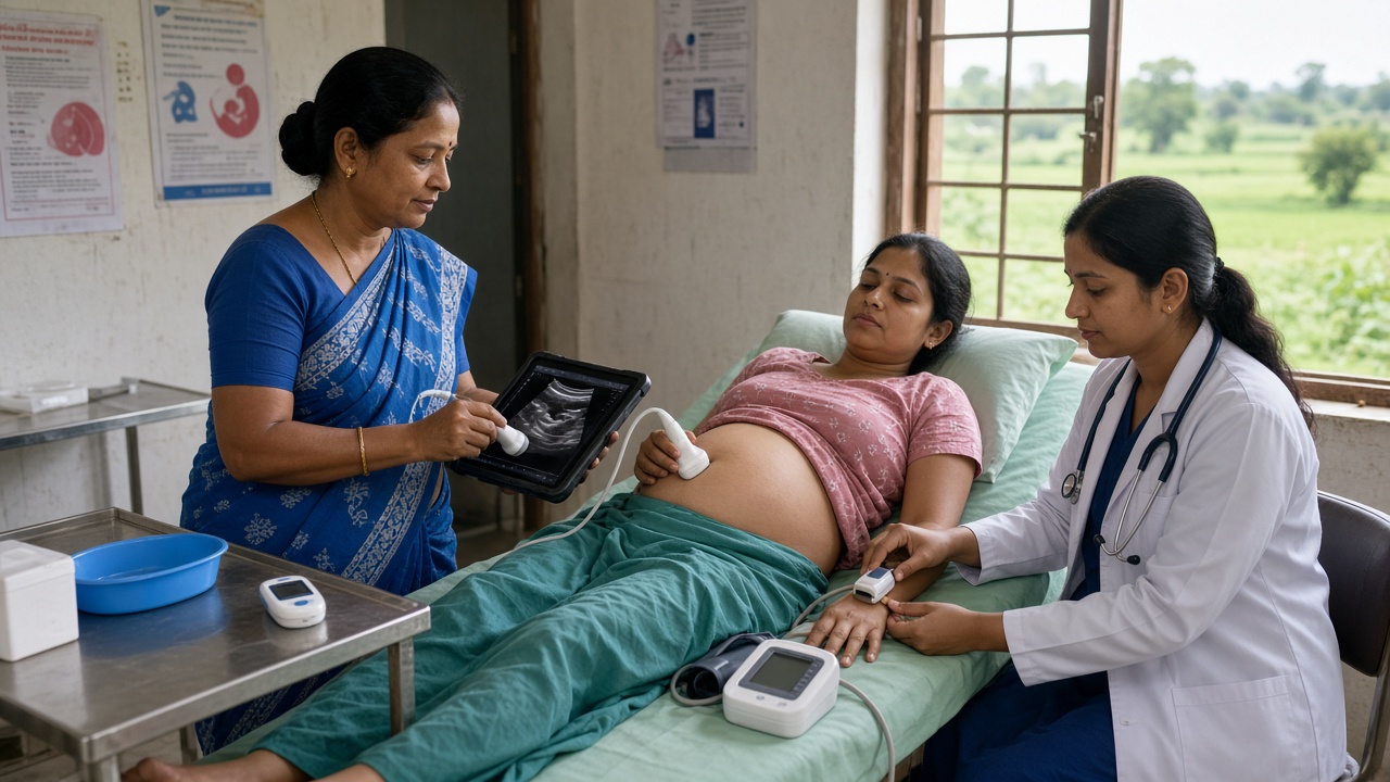 Rural health centre room where a health worker in a blue sari holds a handheld ultrasound probe connected to a tablet showing a scan beside a pregnant woman lying on a green examination bed, while a young woman doctor in a white coat with a stethoscope clips a pulse oximeter to the patient’s finger next to a digital blood pressure monitor, with green fields through the window