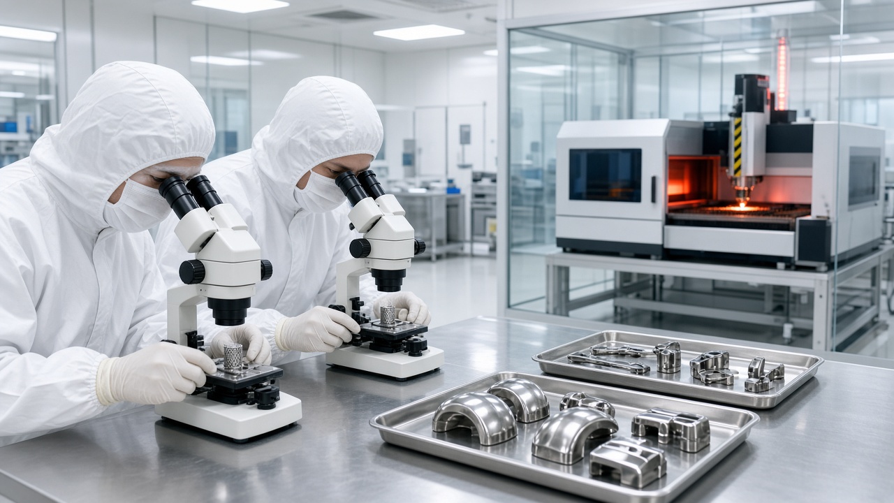 Bright modern clean room where two engineers in full white clean-room suits, masks, and gloves inspect tiny metal mesh stents under microscopes, trays of polished metal implant parts sit on a stainless steel bench, and a laser cutting machine glows behind a glass wall