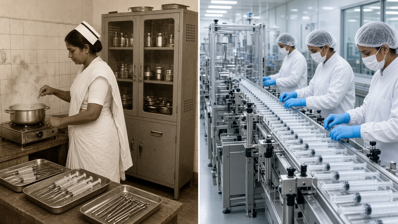 Split image with a sepia mid-20th-century hospital room where a nurse in a white uniform and cap boils reusable glass syringes in a steel pan on a small stove beside trays of glass syringes and needles and a metal instrument cabinet on the left, and a bright modern clean room where workers in white coveralls, hairnets, masks, and blue gloves inspect plastic disposable syringes on an automated assembly line on the right