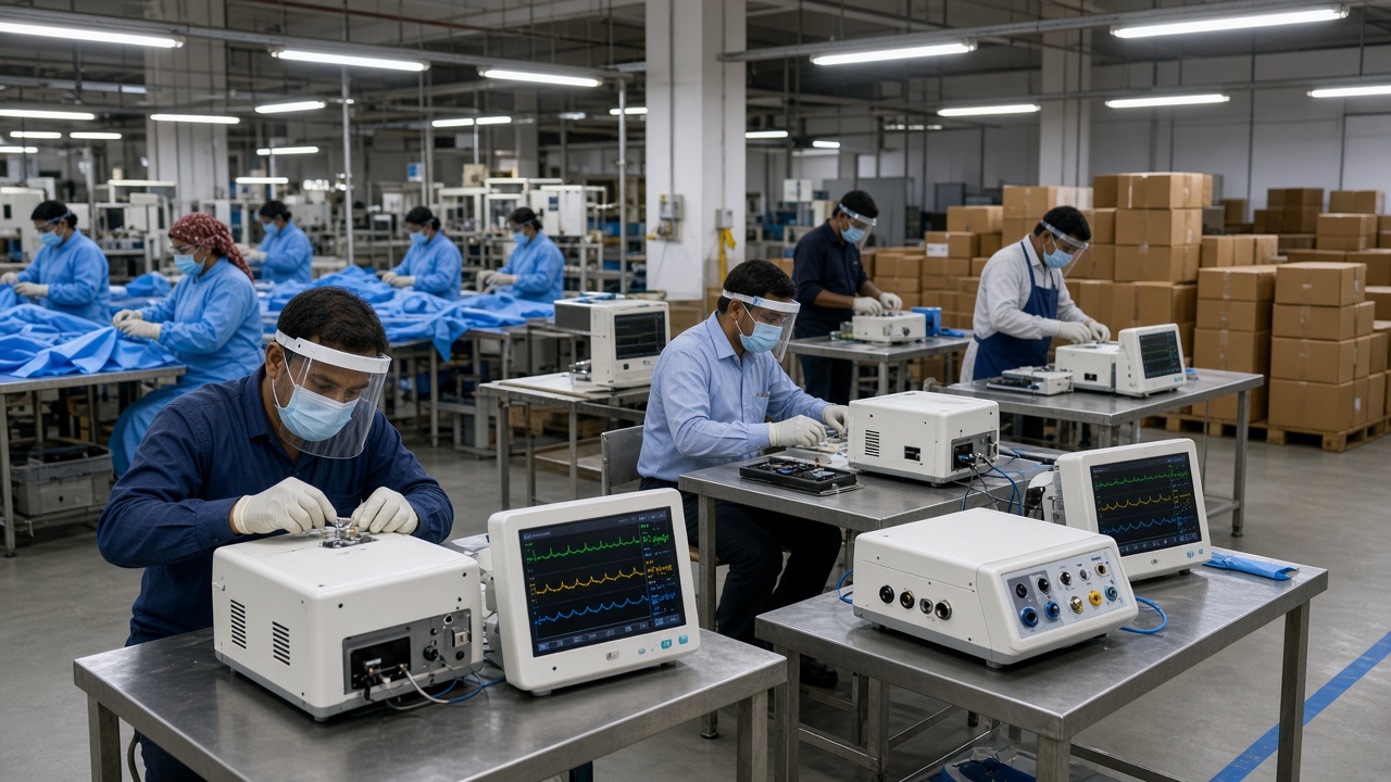 Pandemic-era factory floor where workers in masks, face shields, and gloves assemble compact white ventilators at steel workbenches while test units show breathing waveforms on their screens, and women workers in the background sew and fold blue protective coveralls beside stacks of cartons