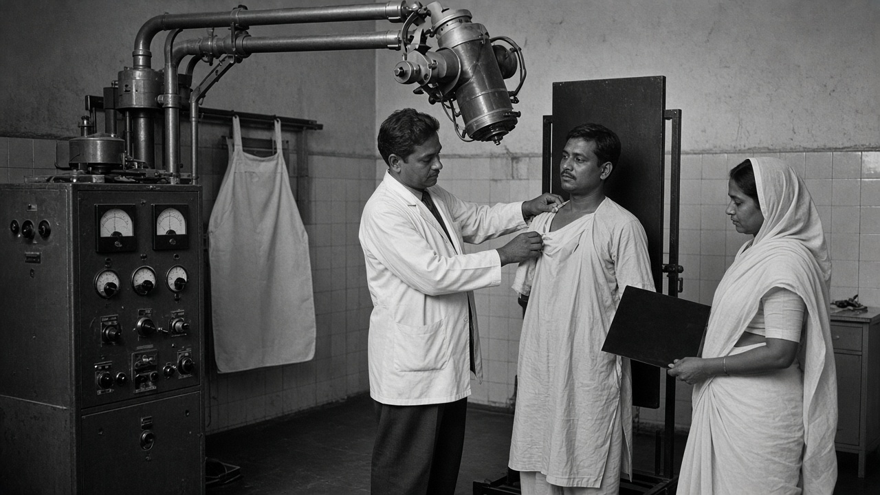 Black-and-white 1940s hospital X-ray room where an Indian radiographer in a white coat positions a man in a white hospital gown in front of an upright film stand beneath a large metal X-ray tube on an overhead arm, a nurse in a white sari holds a film cassette, and a bulky control cabinet with dials stands on the left