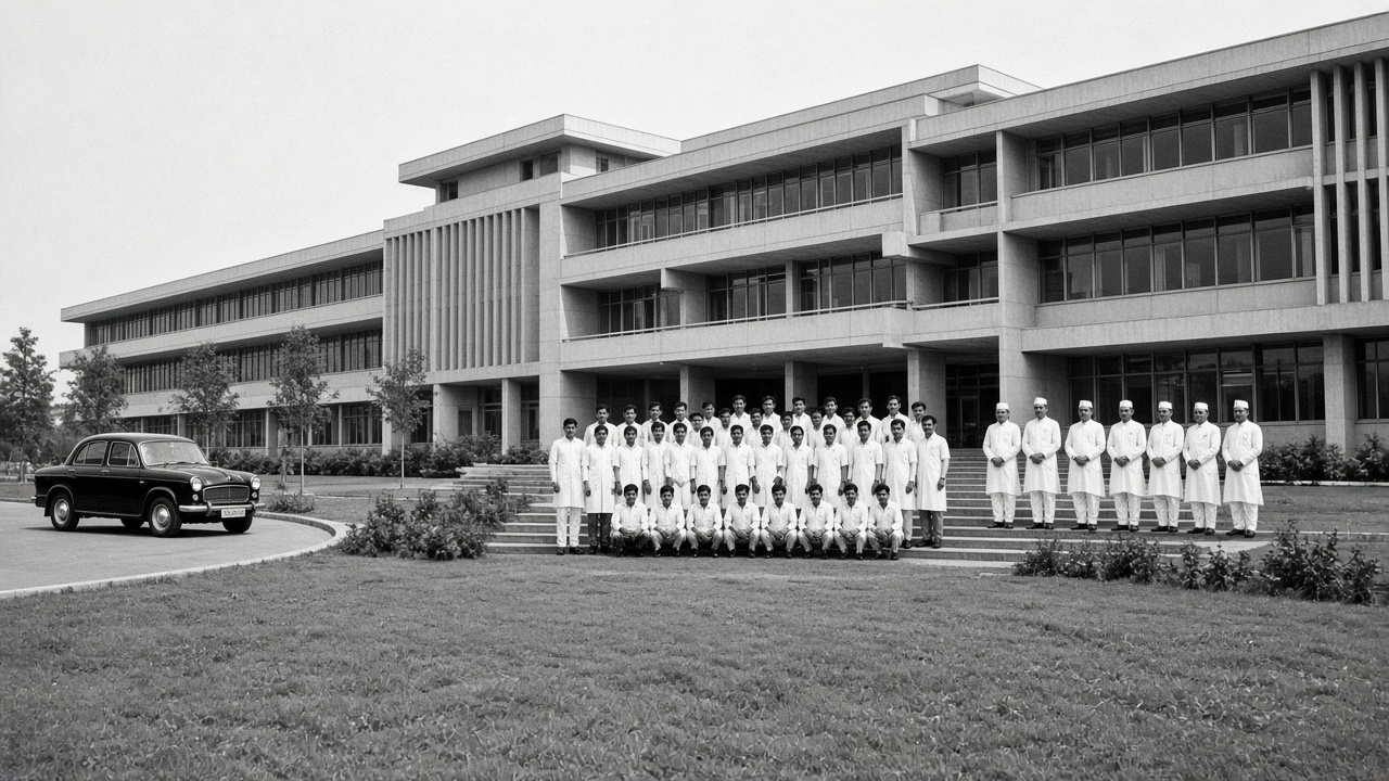 Black-and-white late 1950s photograph of a large new modernist concrete medical institute building with long horizontal windows, where a group of young medical students in white coats and senior doctors pose on the front steps, officials in white kurtas and Nehru caps stand to one side, and a vintage car waits on the driveway