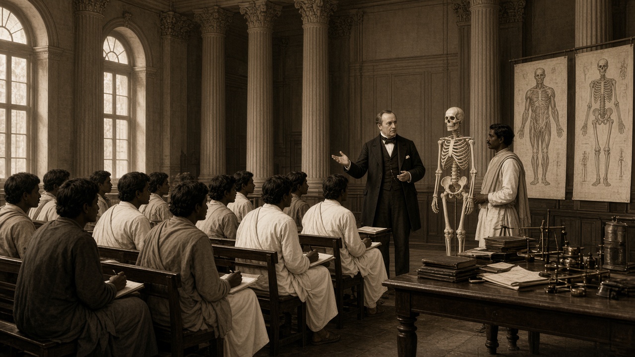 Sepia 1830s anatomy lecture in a grand colonial hall with tall columns and arched windows where Indian students in white dhotis and shawls sit on wooden benches taking notes while a European professor in a frock coat explains a skeleton model beside anatomical wall charts, with an Indian teacher assisting