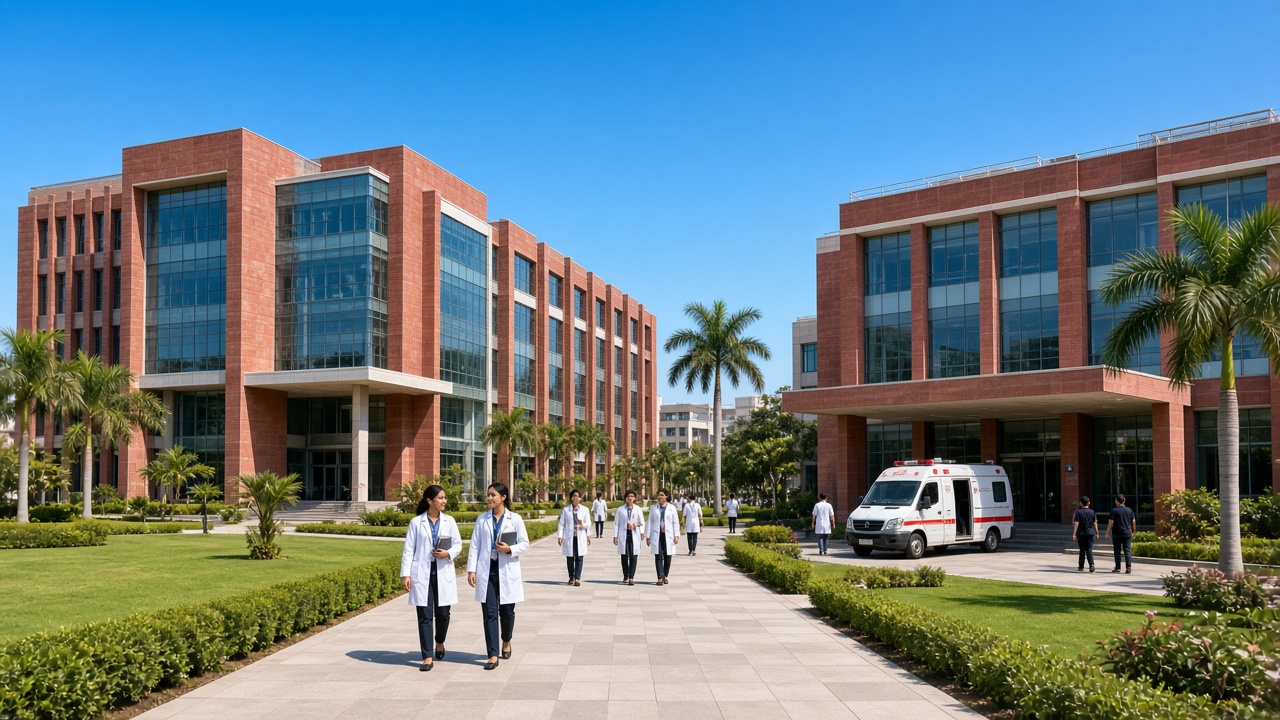 Modern campus with large red sandstone and glass hospital and academic buildings, landscaped lawns, and palm trees, where young medical students in white coats walk along a wide pathway and an ambulance waits at the emergency entrance under a clear blue sky