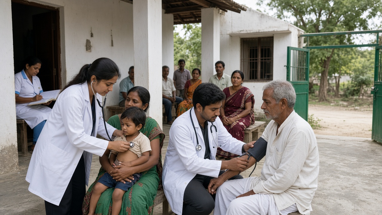 Veranda of a rural primary health centre where a young woman intern doctor listens to a child’s chest with a stethoscope as his mother holds him, a young male intern measures an elderly man’s blood pressure, a nurse writes in a register, and villagers wait on benches beside a green gate