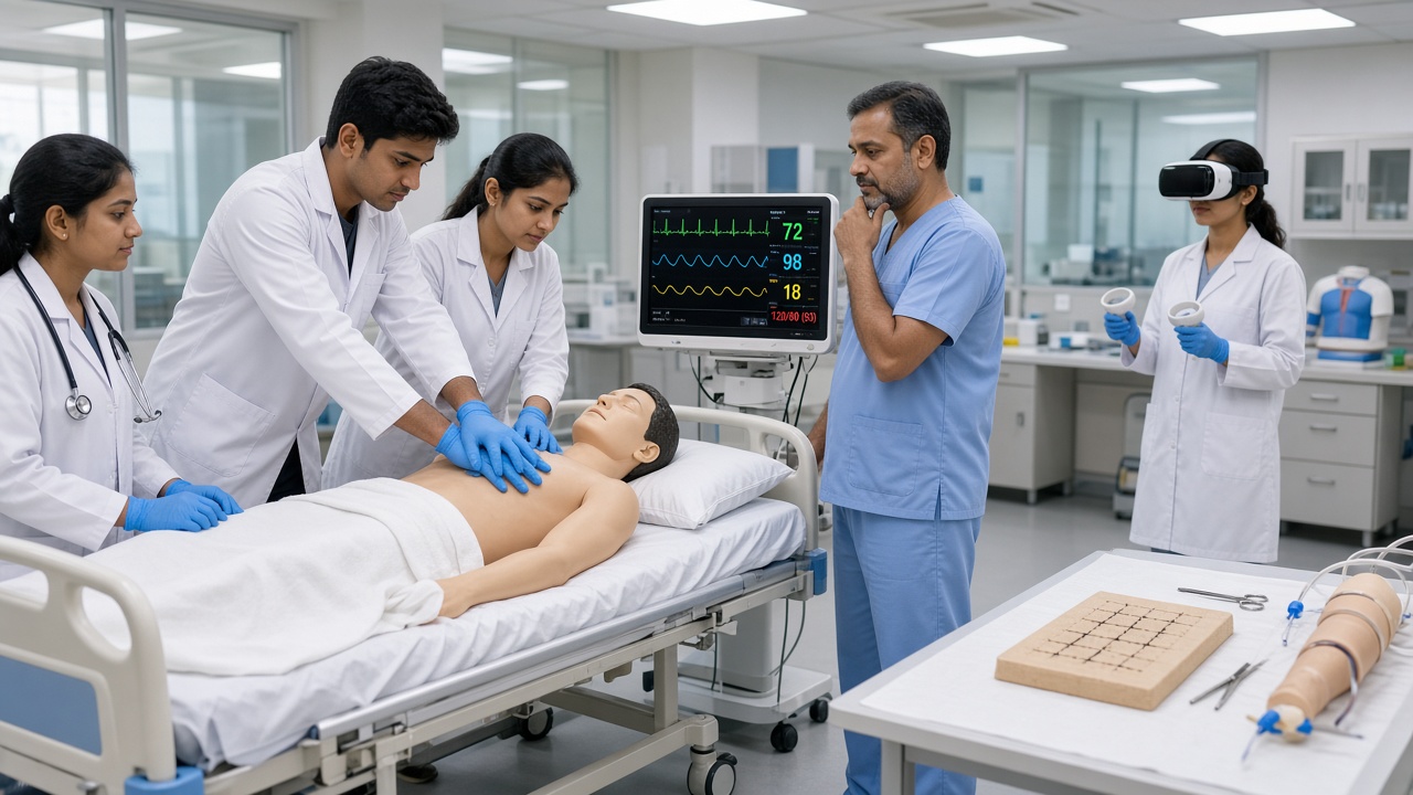 Modern medical college skills lab where students in white coats and blue gloves practise CPR on a patient manikin on a hospital bed while an instructor in blue scrubs watches a vital signs monitor, another student wears a virtual reality headset, and suturing pads and model arms lie on a side table