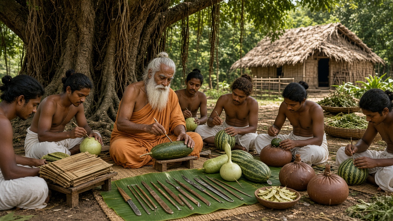 Ancient gurukul under a huge banyan tree where an elderly teacher with a white beard in a saffron robe demonstrates an incision on a green gourd while young students in white dhotis practise on gourds and melons, with bronze instruments laid out on a banana leaf and a thatched hut behind