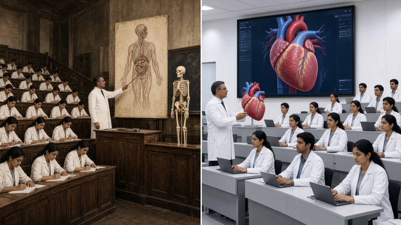 Split image with a sepia 1950s medical college lecture theatre where students in white coats take notes on wooden tiers while a professor points at an anatomy chart beside a skeleton on the left, and a modern lecture hall where students with laptops watch a professor explain a 3D heart model on a large digital screen on the right