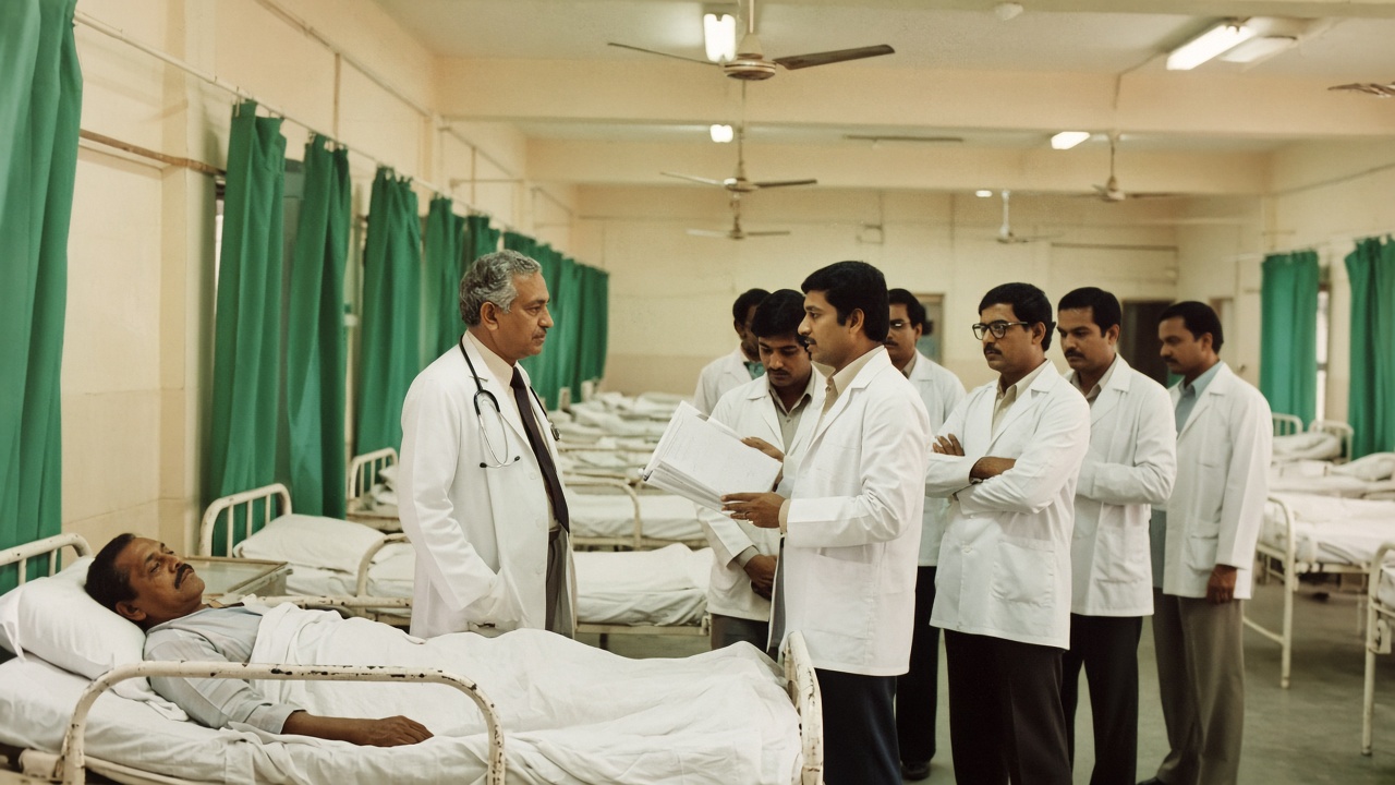 1970s teaching hospital ward in faded colour where a grey-haired professor in a white coat with a stethoscope listens as a resident presents a case file beside a patient’s iron bed, with other resident doctors in white coats standing around in a long ward with rows of beds, green curtains, and ceiling fans