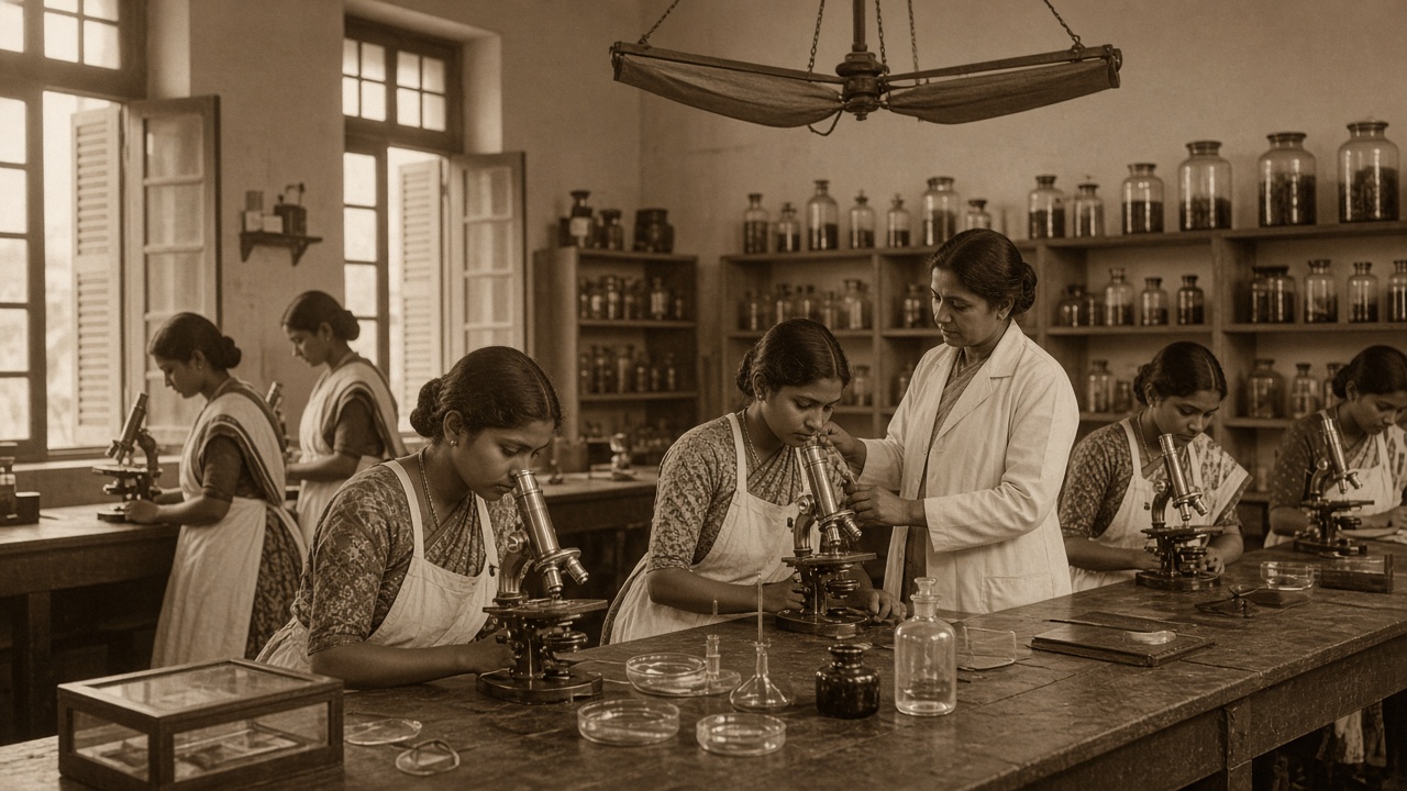 Sepia early 1900s laboratory in a women’s medical college where young Indian women students in saris and white aprons look through brass microscopes at a long wooden bench while a woman teacher in a white coat guides one student, with specimen jars on shelves, shuttered windows, and a ceiling punkah