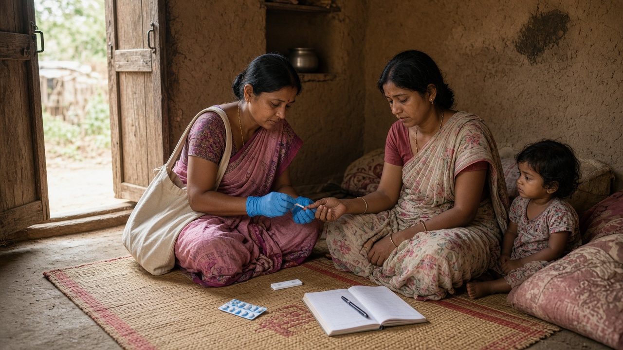 Rural home interior with mud walls where a health worker in a pink sari with a cloth bag and blue gloves pricks the finger of a woman with fever for a rapid test, with a test cassette, a strip of tablets, and a notebook on the mat and a child sitting nearby