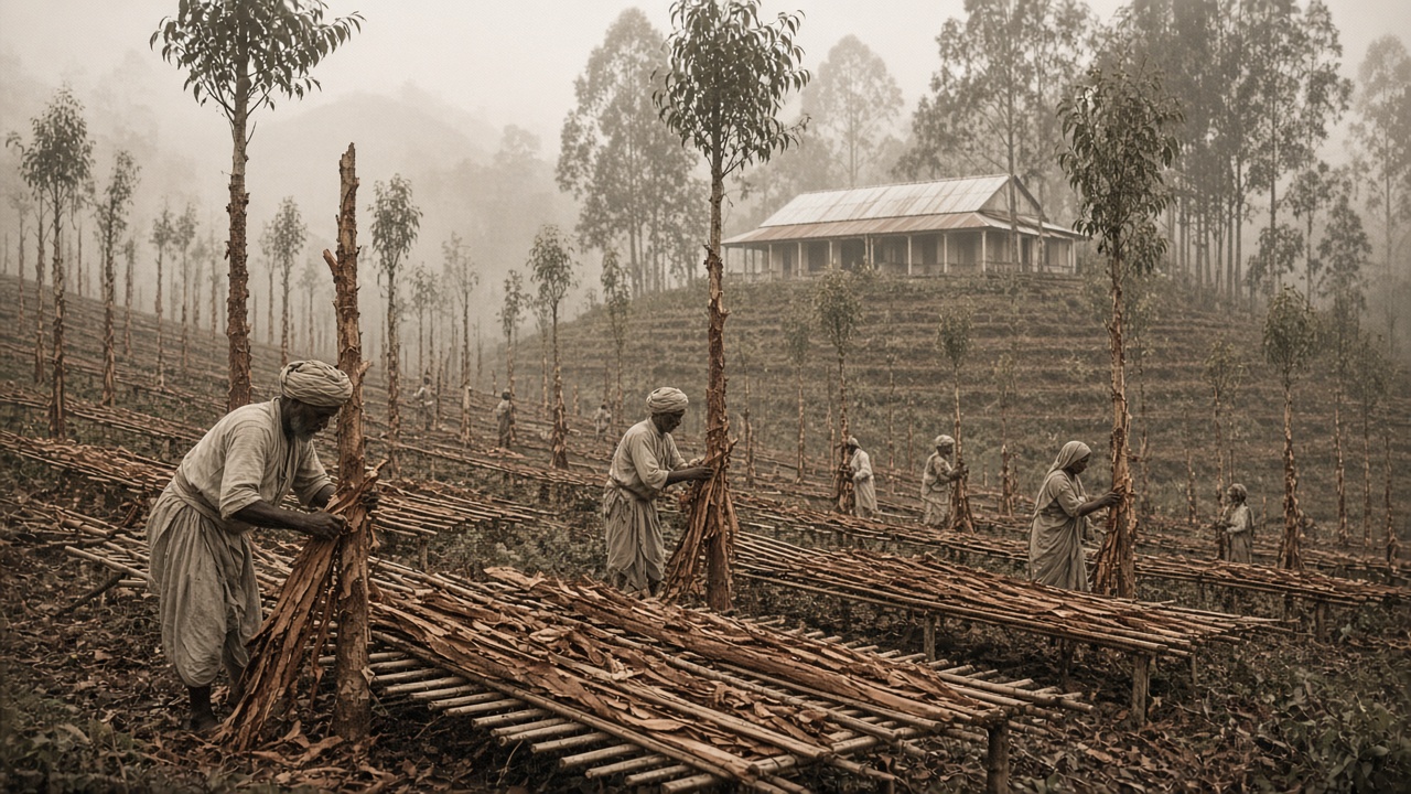 Sepia early 1900s cinchona plantation on misty terraced hill slopes where workers in turbans and saris strip bark from young trees and spread it on long bamboo drying racks, with a tin-roofed plantation bungalow and tall trees in the background
