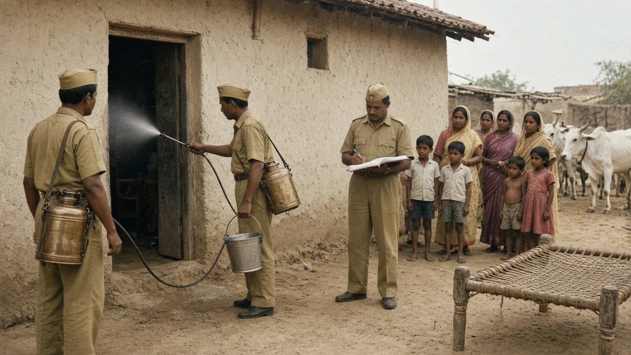 1950s village scene in faded colour where spray workers in khaki uniforms and caps with brass pumps and metal buckets spray white insecticide inside a mud house through the doorway, a supervisor writes in a register, and women in saris and children watch beside a charpai and cattle