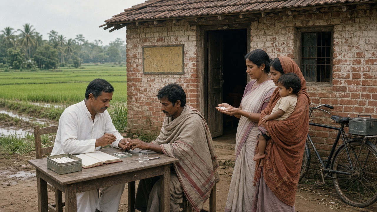 1980s village scene in faded colour where a volunteer in a white kurta at a wooden table with a tin of tablets and a register takes a blood smear from the finger of a man wrapped in a shawl, while a health worker in a sari hands tablets to a mother holding a child outside a small brick house, with a bicycle carrying a metal box and paddy fields behind