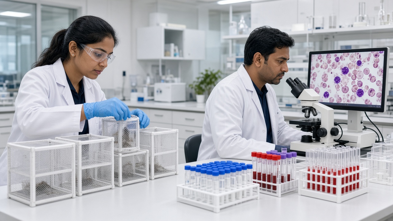 Modern malaria research laboratory where a young woman scientist in a white coat, safety glasses, and blue gloves examines mesh mosquito cages while a male scientist studies a stained blood smear on a digital microscope screen, with racks of vials and test tubes on the bench