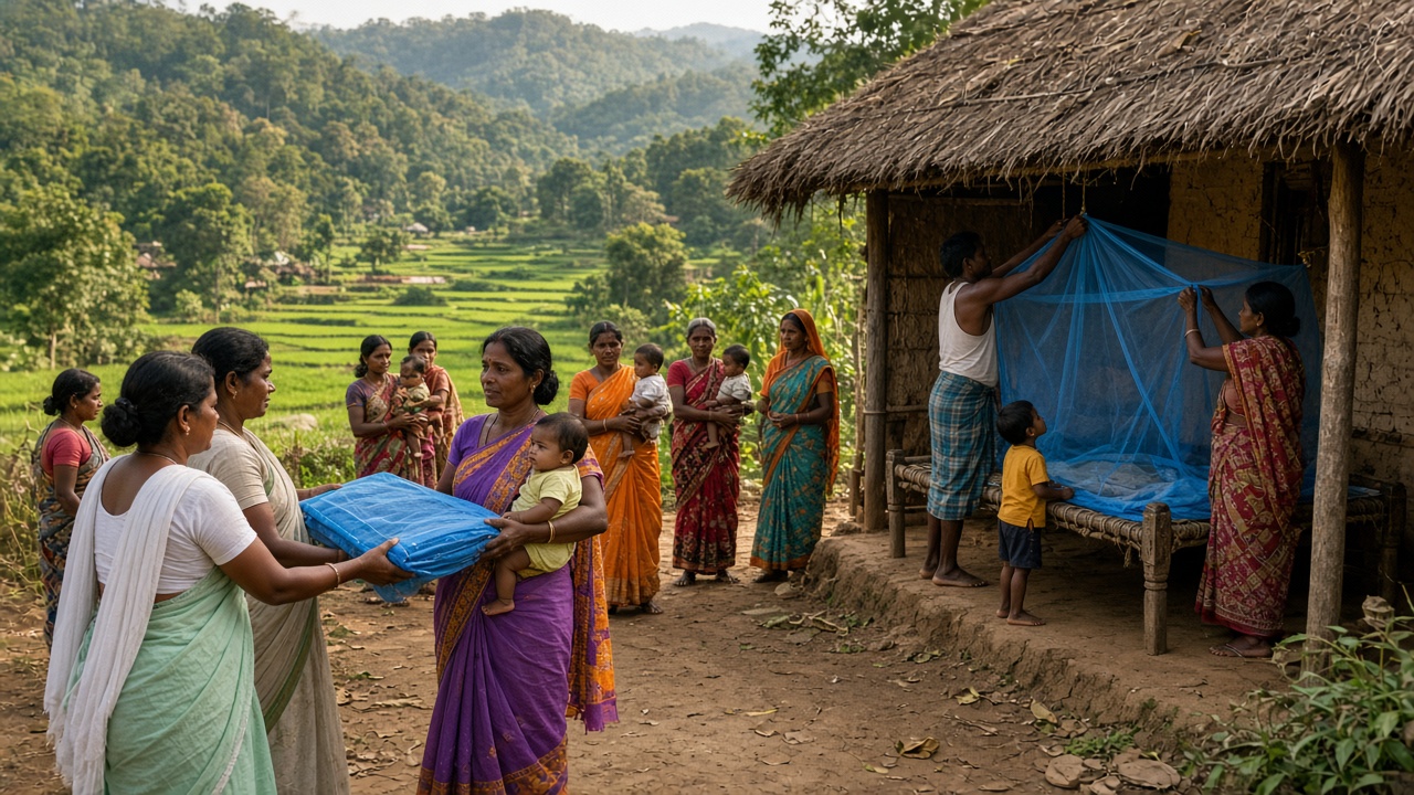 Tribal village in forested hills where health workers hand folded blue insecticide-treated bed nets to women in colourful saris holding babies, while a family hangs a blue bed net over a wooden cot on the porch of a thatched hut, with paddy fields and green hills behind