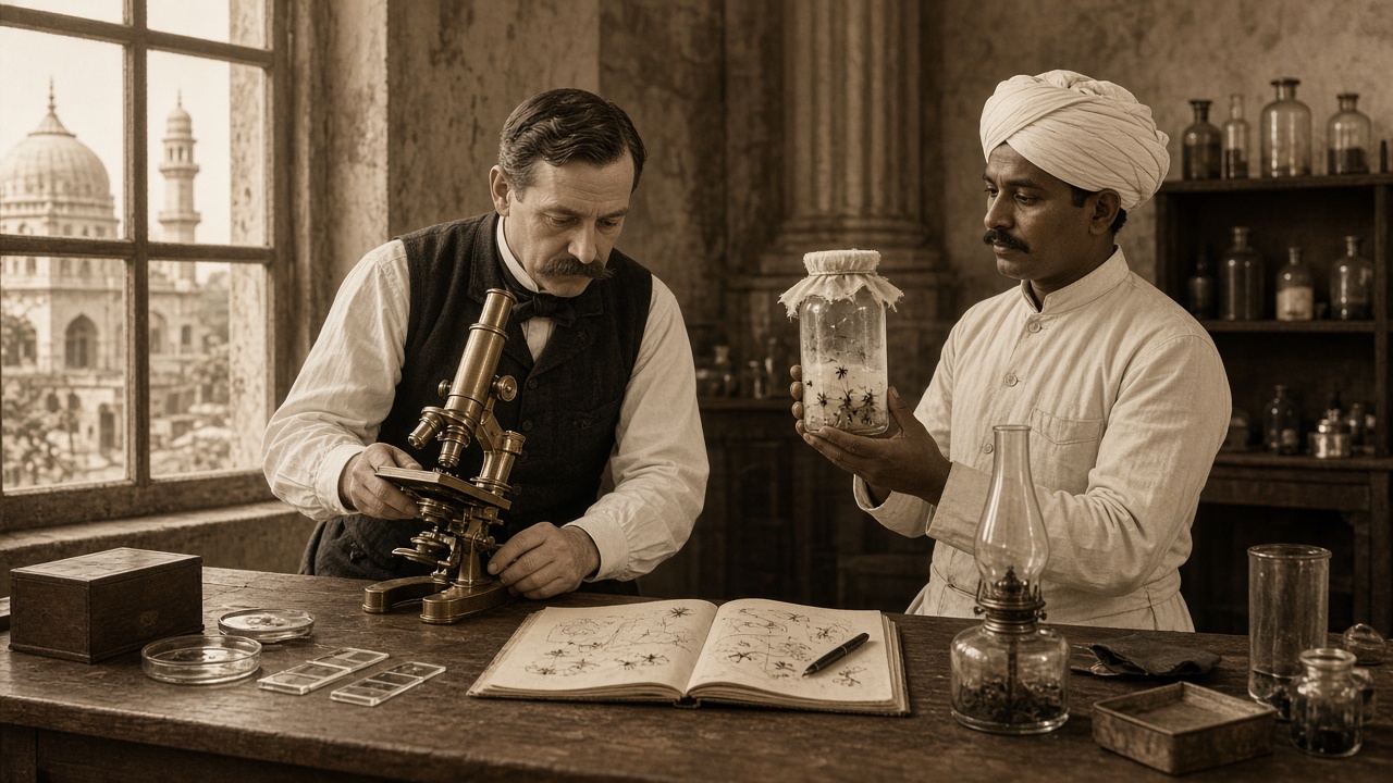 Sepia 1890s laboratory where a British army doctor in a waistcoat looks through a brass microscope at a wooden table with glass slides, a sketch-filled notebook, and a kerosene lamp, while an Indian assistant in a white turban holds up a muslin-covered glass jar of mosquitoes, with domed buildings visible through the window