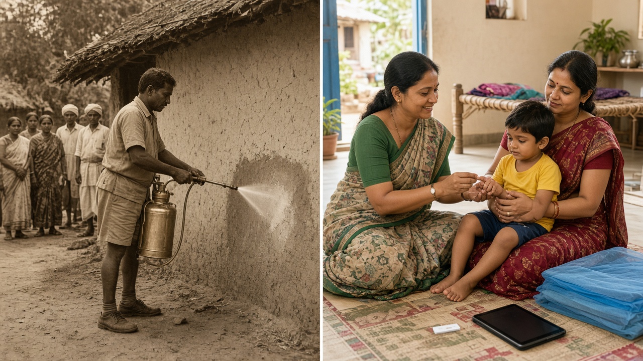 Split image with a sepia 1950s spray worker in khaki pumping a brass hand sprayer at the mud wall of a thatched hut while villagers watch on the left, and a smiling health worker in a sari doing a finger-prick rapid blood test on a boy held by his mother, with a test cassette, a tablet, and a folded blue bed net on the right
