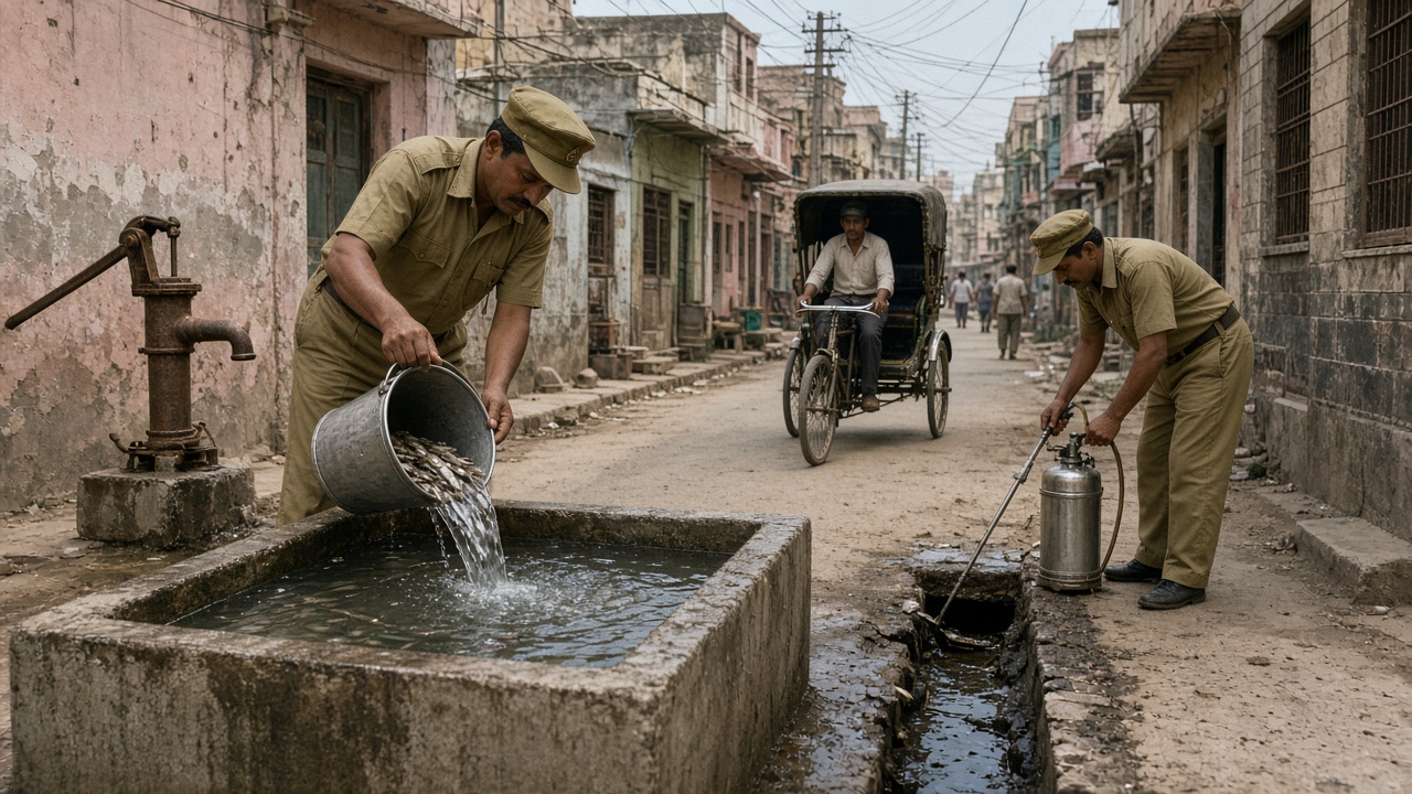 1970s city lane in faded colour where a municipal worker in khaki pours small fish from a steel bucket into an open cement water tank beside a hand pump, while another worker with a hand sprayer treats a roadside drain, with a cycle rickshaw, old buildings, and overhead wires behind