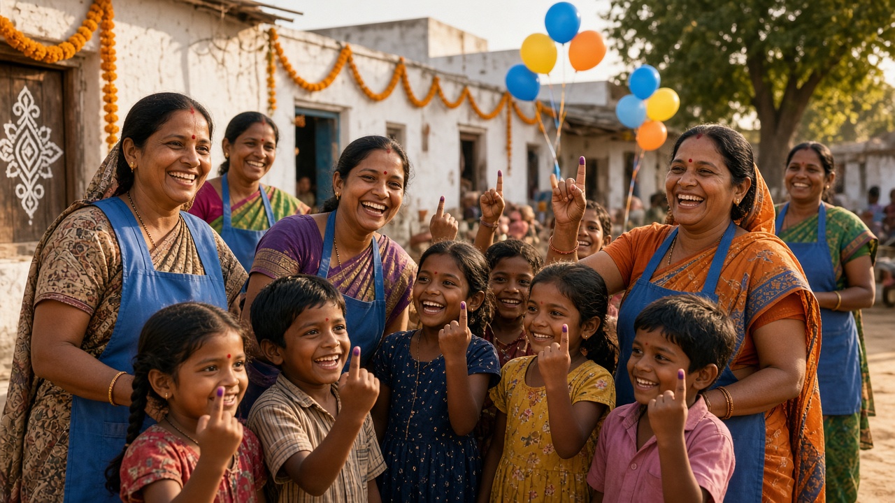 Joyful village square where smiling women health workers in saris and blue aprons celebrate with a group of children proudly raising their ink-marked fingers, with marigold garlands on whitewashed houses and coloured balloons in golden afternoon light