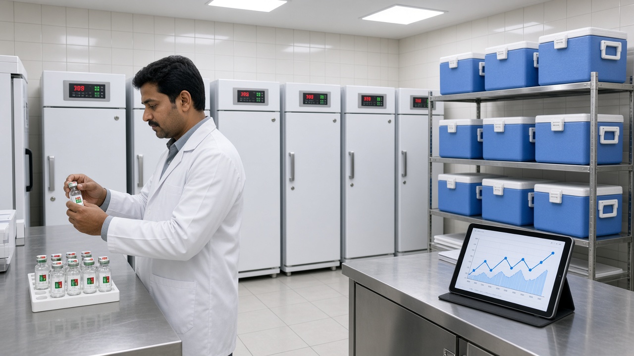 Modern district vaccine store with rows of white ice-lined refrigerators with temperature displays, a pharmacist in a white coat checking a small vaccine vial with a heat-sensitive label, blue vaccine carriers stacked on steel racks, and a tablet showing a stock graph on a steel counter