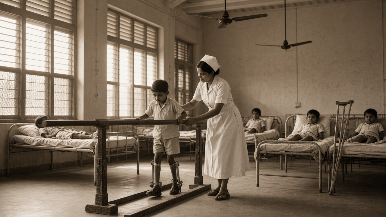 Sepia 1960s children’s hospital ward with tall shuttered windows and ceiling fans where a nurse in a white uniform and cap helps a young boy wearing metal leg calipers walk between wooden parallel bars, while other children rest on iron beds with wooden crutches leaning nearby