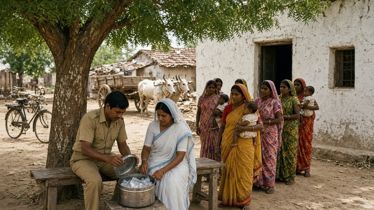 Late-1970s Indian village scene with a male health worker in a khaki shirt and a nurse in a white sari sitting on a wooden bench under a neem tree beside a whitewashed dispensary, opening a metal vaccine carrier packed with ice, while mothers in bright saris wait in a line holding babies, with bicycles and a bullock cart behind