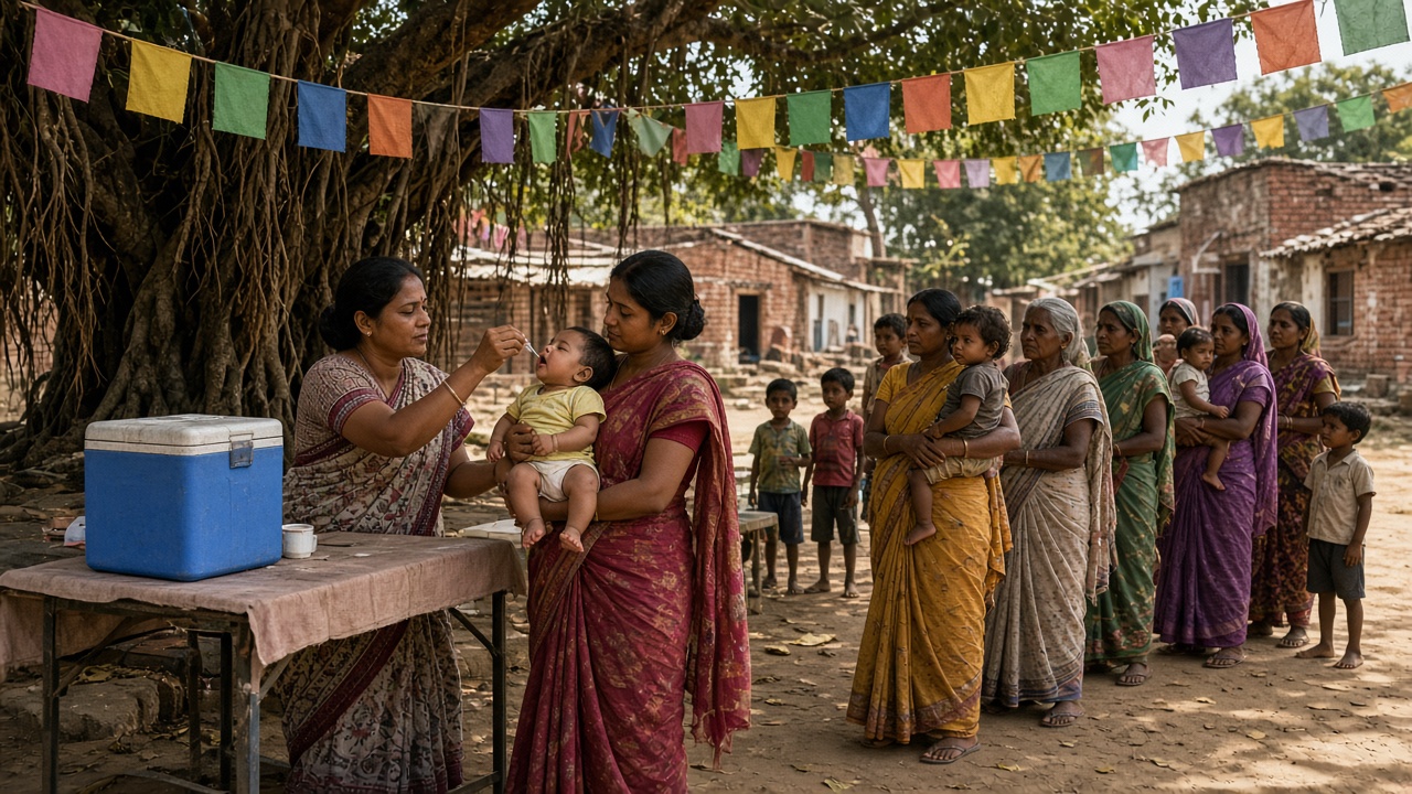 Mid-1990s village polio booth under a large banyan tree where a volunteer in a sari gives oral drops from a small dropper to a baby held by her mother beside a blue cold box on a table, with a queue of mothers, grandmothers, and toddlers, coloured cloth bunting overhead, and brick houses along a dusty lane