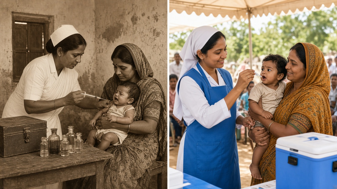Split image with a sepia 1970s rural clinic where a nurse in a white sari gives a baby an injection with a glass syringe beside glass bottles and a metal trunk on the left, and a smiling health worker in a blue apron giving oral polio drops to a toddler held by his mother at a modern booth with a blue cold box on the right