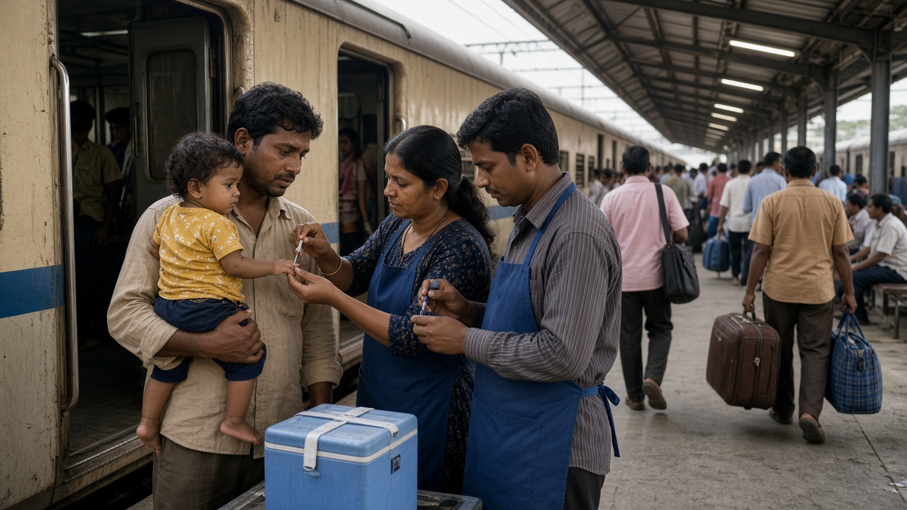 Busy Indian railway platform where a vaccination team in blue aprons with a blue cold box gives polio drops to a toddler held by his father beside an open train door and marks the child’s finger, with passengers carrying luggage under the platform canopy