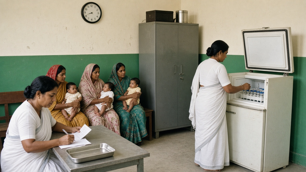 1980s Indian primary health centre with a green-painted lower wall where one nurse in a white sari writes on a paper immunisation card at a table with a steel tray, another takes vaccine vials from a white chest refrigerator, and mothers holding infants sit on a wooden bench beside a steel almirah and a wall clock