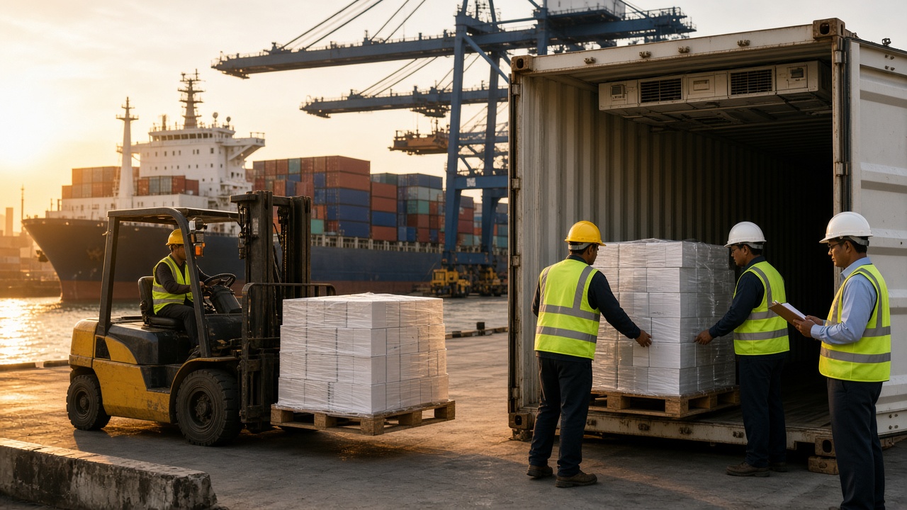 Container port at sunset where workers in hard hats and yellow safety vests load shrink-wrapped pallets of white medicine cartons into a refrigerated shipping container, a forklift carries another pallet, and a large container ship and blue cranes stand behind
