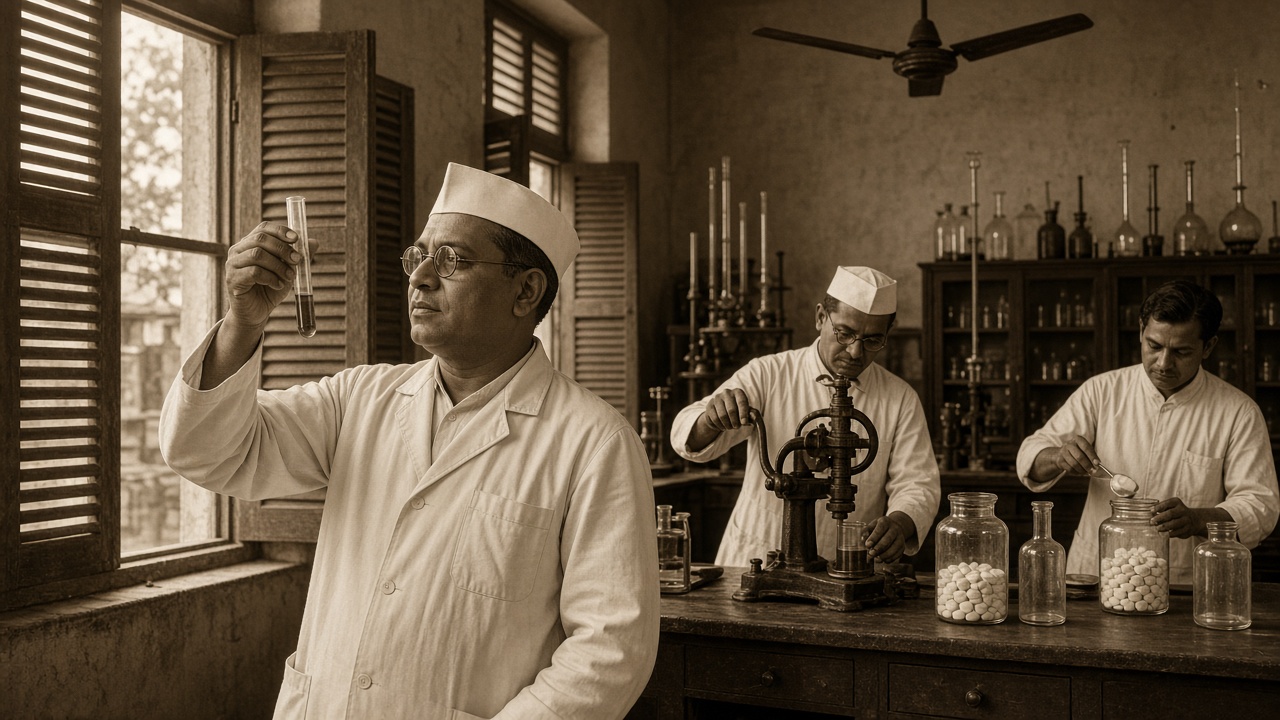 Sepia 1930s laboratory with wooden shutters and a ceiling fan where an Indian chemist in round glasses, a white cap, and a white coat holds up a test tube to the window light, while two colleagues in white coats work a cast-iron tablet press and scoop white tablets into large glass jars beside glassware on the shelves
